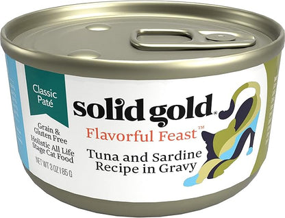 Solid Gold Wet Cat Food Pate - Healthy Canned Cat Food Pate w/Real Tuna & Sardine, Omega Fatty Acids, Vitamins & Minerals - Grain Free & Gluten Free Can Meals for Cats & Kittens - 24ct/3oz Can