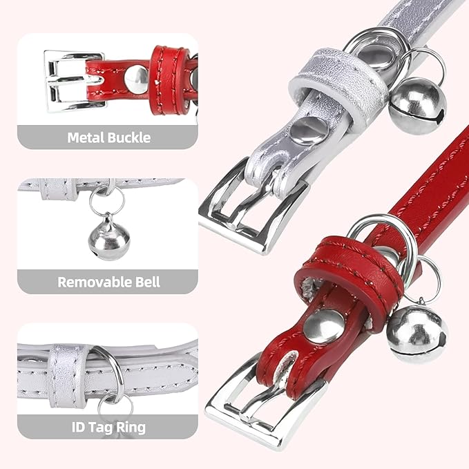 PUPTECK 2 PCS Soft Genuine Leather Cat Kitten Collar with Bells Adjustable for Girl Boy Cats Puppy - Red, Silvery