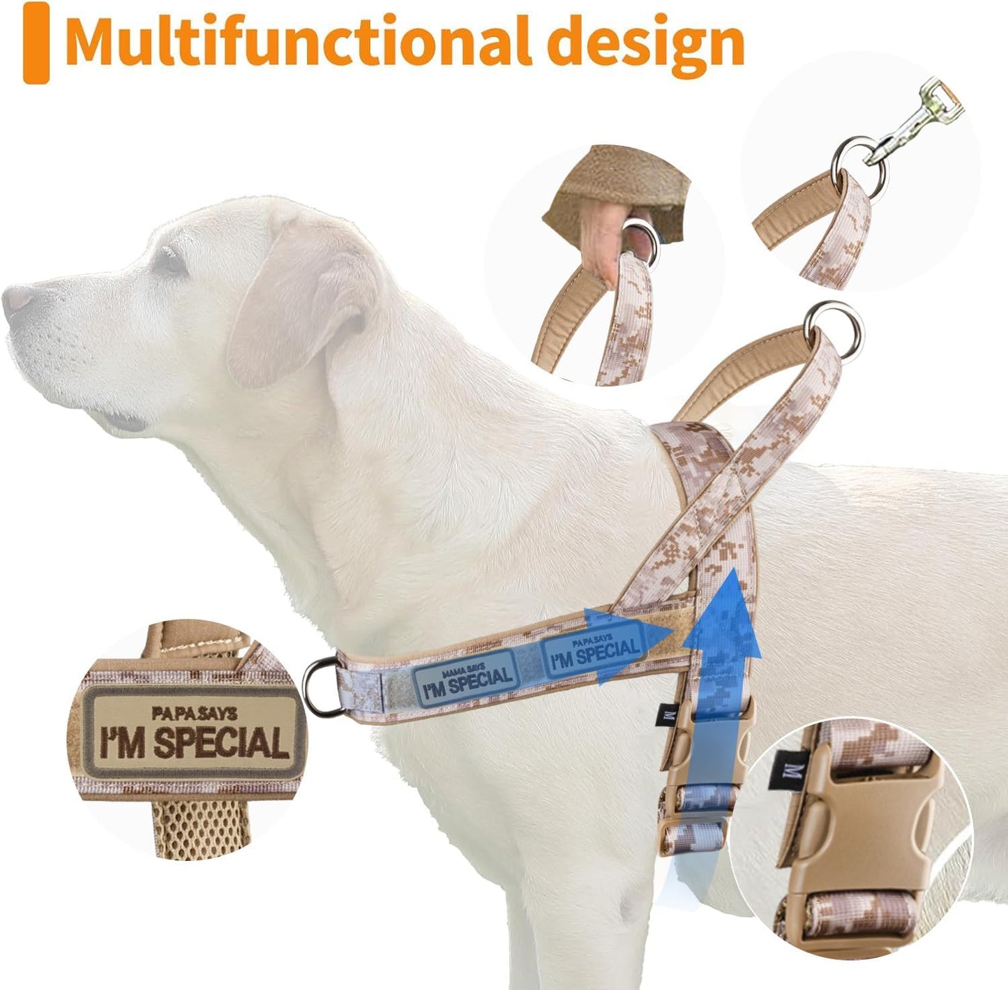 No Pull Dog Harness for Small Medium Large Sized Dogs, Escape Proof Adjustable Dog Harnesses with 2 Patch, Brown Camo, XL