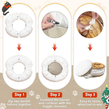 OurWarm Large Cat Tunnel Bed for Indoor Cats with Soft Cushion & Cat Toys, Round Under Tree Cats Donut Tunnel Christmas Tree Skirt, White Plush Pet Peekaboo Cave for Kitten/Puppy/Rabbit to Play