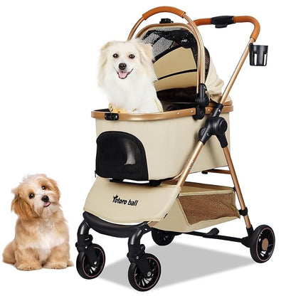 3-in-1 Pet Stroller for Small Dogs & Cats up to 33lbs, One-Touch Fold 4-Wheel Cart with Removable Carrier, Rear Brake & Storage Basket