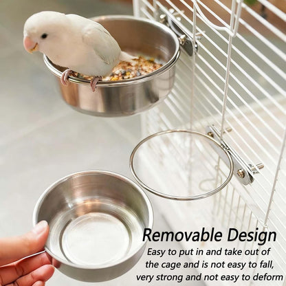2 Pcs Stainless Steel Bird Food Water Bowls, Parrot Feeding Dish Cups with Clamp Holder Bird Ball Toys for Chinchilla, Cockatiel, Conure, Budgies, Parakeet, Lovebirds, Small Animals (Small)