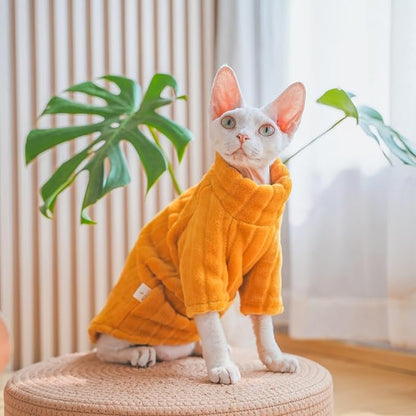 Turtleneck Sweater for Sphynx Cat Soft Coral Fleece Cat Clothes Thick Winter Warm Outfit Coat for Hairless Cats and Small Dogs Apparel with Sleeves (Orange, S (3-5 lbs))