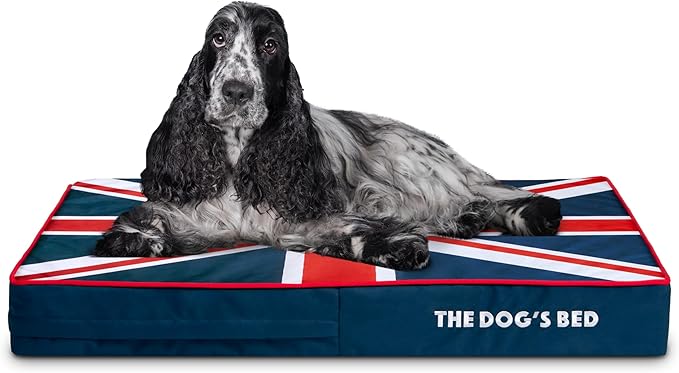 The Dog’s Bed Orthopedic Memory Foam Dog Bed, Medium Blue & Red Trim UK Center Flag, Pain Relief for Arthritis, Hip & Elbow Dysplasia, Post Surgery, Supportive, Calming, Waterproof Washable