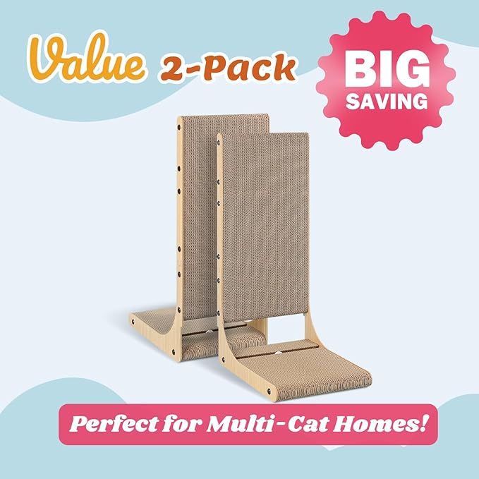 Zakkart 2-Pack Cat Scratching Board, 25.6'' Tall Cardboard L Shape Vertical Cat Scratchers for Indoor Cats, Cat Scratching Post for Wall and Couch, Large