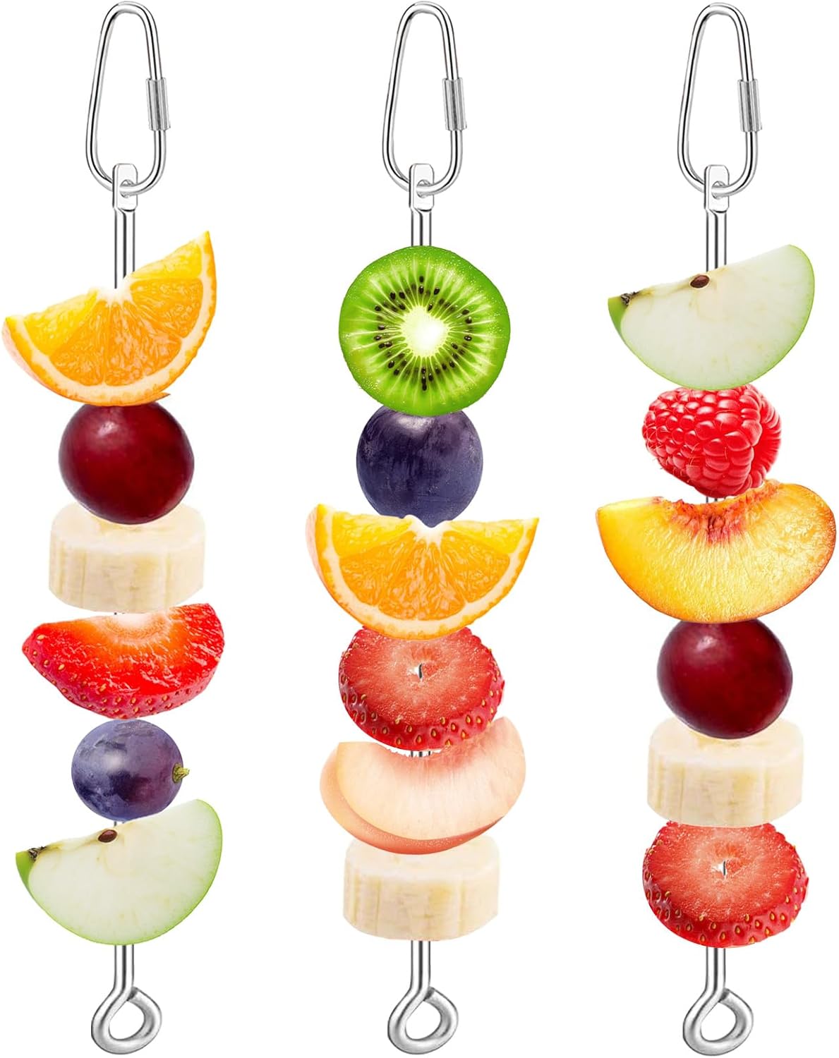 3 Pcs Bird Food Holder for Cage, Parrot Food Treat Skewer Hanging Fruit Vegetable, Stainless Steel Bird Foraging Toy for Cockatiel Parakeet Budgie Macaw Small Animals Feeder -Silvery, 3 Pcs