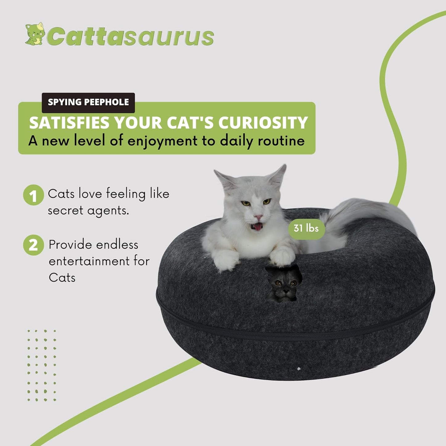Cattasaurus Peekaboo Cat Cave, Extra Spacious for Multiple & Large Cats 12+ lbs, Scratch Detachable Beds for Indoor Cats, Washable Tunnel Bed, Comfy Cat Donut Tunnel (Light Gray+Dark Gray, Jumbo)