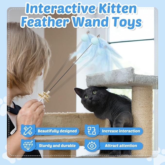 Interactive Cat Toys - 4-in-1 Cat Teaser Wand Toy and Feather Toys Refills for Indoor Cats to Chase and Exercise Design for Large and Small Cats