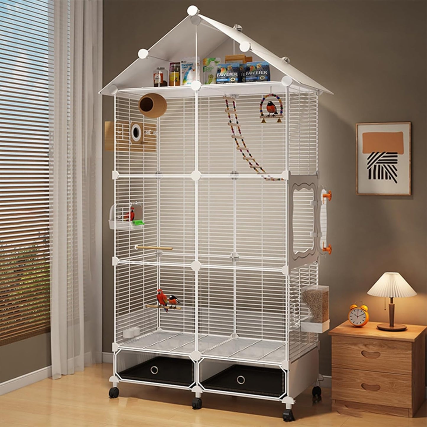 Large Parrot Cage with Acrylic Doors, 4 Casters, Perch & Feeder, Detachable Drawer, Ideal for Cockatiels, Budgies, Conures, Indoor/Outdoor Use – Spacious White Birdcage(White,72 * 36 * 170)