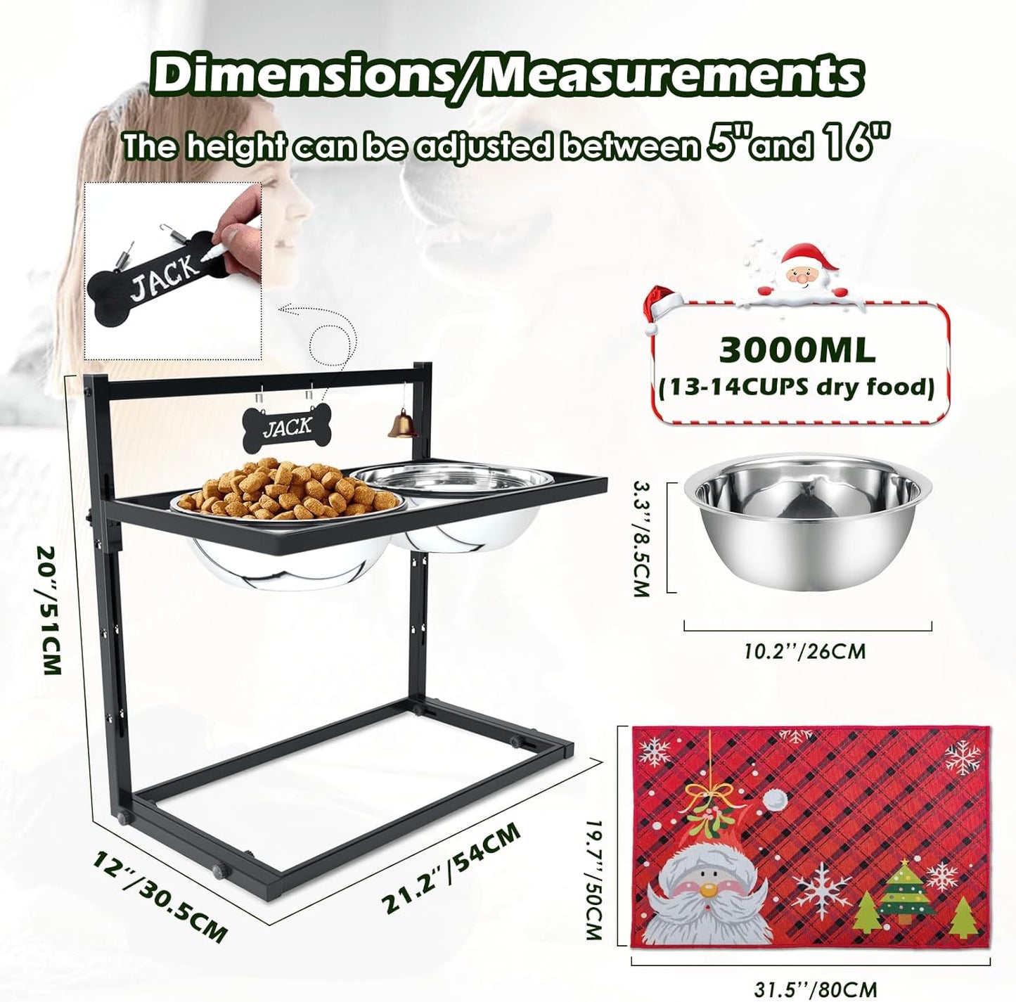 SHAINFUN Christmas Elevated Dog Bowls for Large Breeds with Mat, Adjustable Height, Tall Raised Dog Food Water Bowl Stand Gift for Dogs