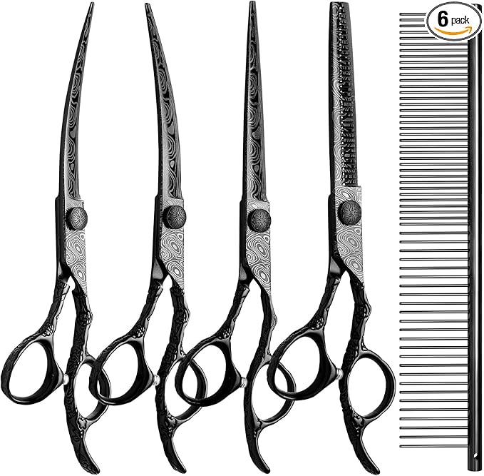 Dog Grooming Scissors,Black with Safety Round Tips,5 in 1 Curved Dog Scissors for Grooming,Professional Pet Grooming Shears Set for Dogs and Cats