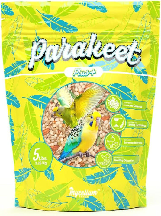 Mycelium Parakeet Plus Bird Seed (5 LB Bag) | Organic Bird Food Fortified with Vitamins for Immune & Digestive Support | Daily Nutrition for Parakeets & Budgies | Non-GMO, Clean Seed Blend | USA Made