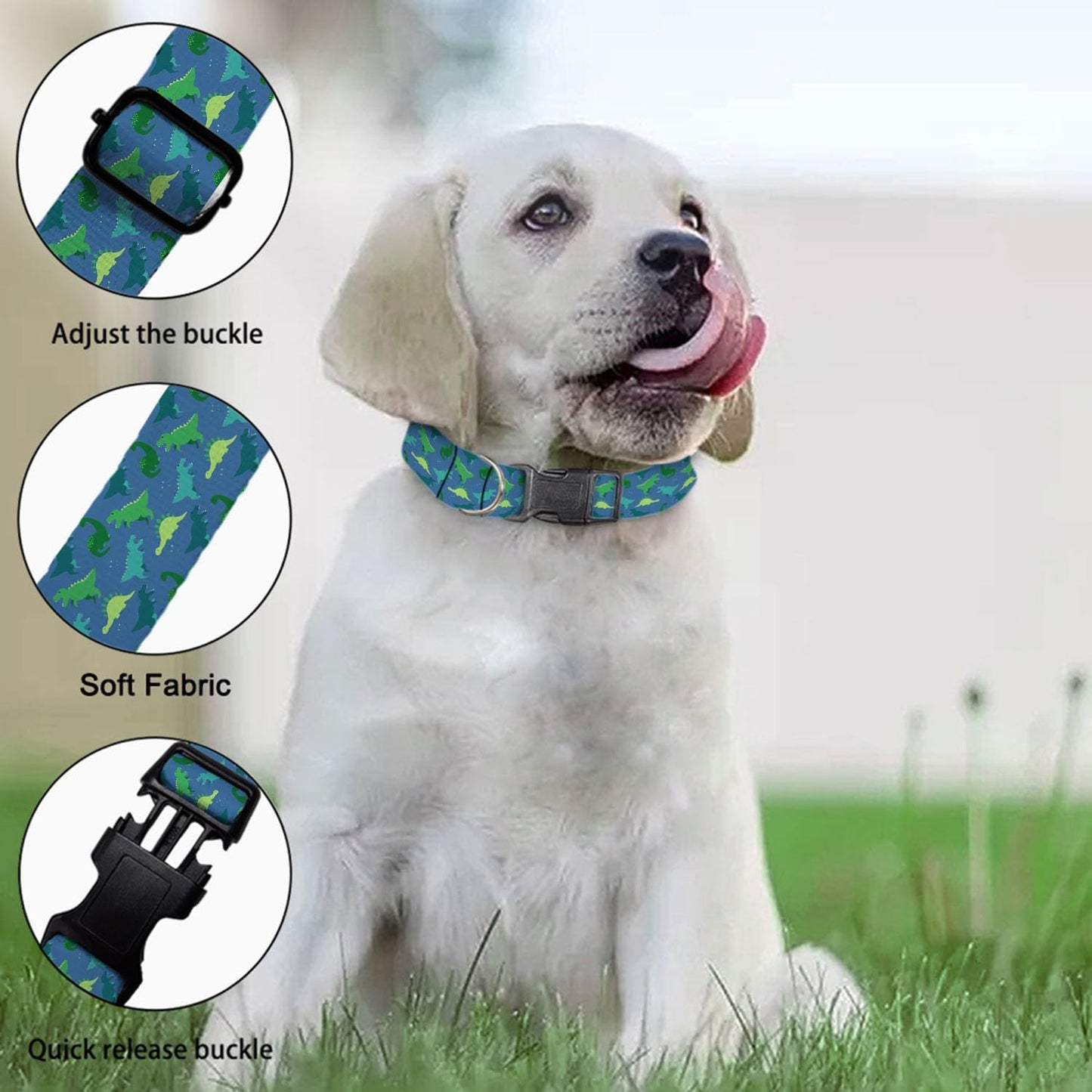 Green Dinosaur Blue Dog Collar Pet Neck Strap for Small Medium Large Dogs Soft Adjustable Buckle