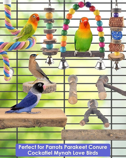 Bissap 10 PCS Bird Chew Toys, Parakeet Natural Wood Parrot Hanging Cage Toy Swing Rope Paw Fork Perch Stand Platform for Small Birds Conure Cockatiel Parrotlet Lovebird Budgie Exercise Training