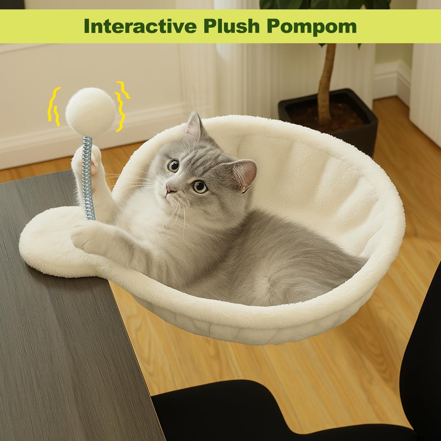 PAWZ Road Cat Bed for Desk with Interactive Plush Ball, 12 Inches in Diameter,Space-Saving Cat Desk Bed, White Cats Hammock for Table Supports Up to 40lbs, Medium