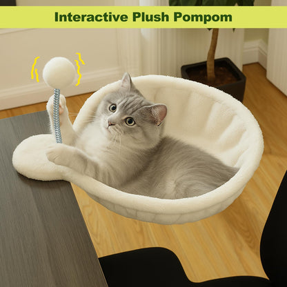 PAWZ Road Cat Bed for Desk with Interactive Plush Ball, 12 Inches in Diameter,Space-Saving Cat Desk Bed, White Cats Hammock for Table Supports Up to 40lbs, Medium