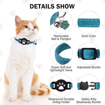 AirTag Cat Collar with Bells, Soft Velvet Cat Collar Breakaway with Airtag Holder, Safety Cat GPS Tracker Collars for Girl Boy Cats, Kittens and Puppies, Adjustable 8"-12"