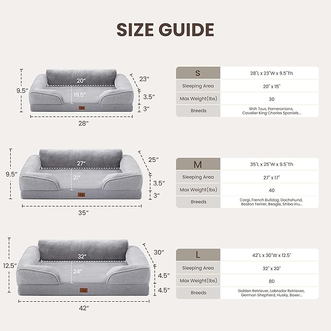 Orthopedic Dog Beds for Medium Size Dogs, Waterproof Egg-Crate Foam Pet Couch Bed with Soft Sides, Non-Slip Dog Sofa with Flannel Removable Washable Cover, 28" Supportive Pet Sofa, Light Grey