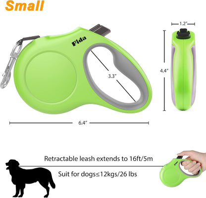 Fida Retractable Dog Leash with Dispenser and Poop Bags, 16 ft Pet Walking Leash for Small Dog or Cat up to 26 lbs, Anti-Slip Handle, Tangle Free, Reflective Nylon Tape (S, Green)