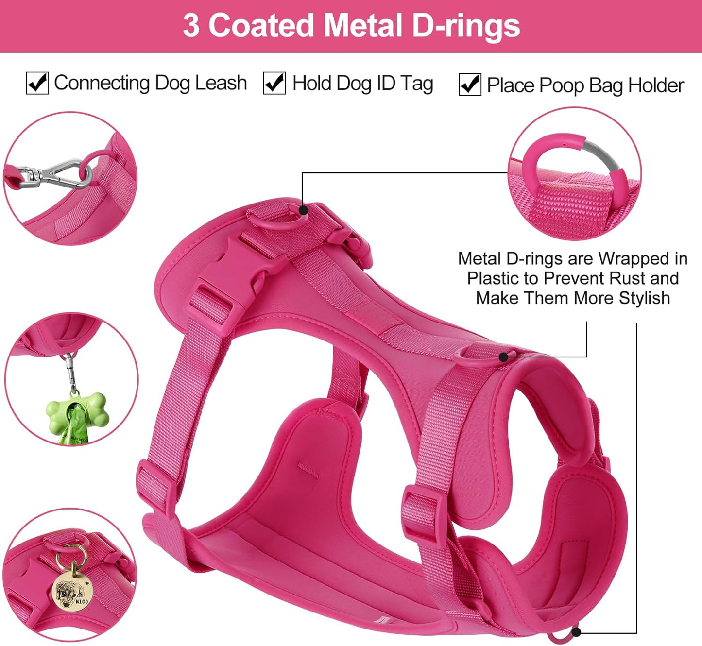 Wisedog No Pull Lightweight Dog Vest Harness with Soft and Comfortable Cushion, Breathable Mesh, for Small Medium Large Dogs Walking (L(Neck: 16.15"-20.86";Chest: 24.02"-38.19"), Peacock Pink)