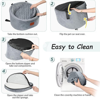 Dog Car Seat for Small Dogs Up to 30 Lbs,Ultra Soft Fabric Fill in Comfy Memory Foam,Happy Pet Ride,2 Safety Dog Leashes,Fully Detachable and Washable,Anti Slip Base(Grey)