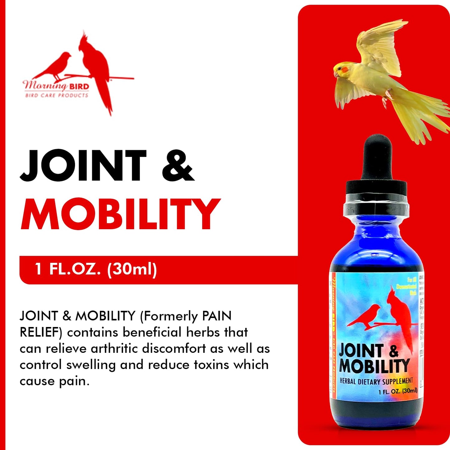 Morning Bird Joint & Mobility 1 fl oz – Muscle Pain Relief Supplement for Joint Health, Stop Pain & Arthritis Supplements – Herbal Liquid Formula for Aging, Injured, or Stressed for All Bird Types