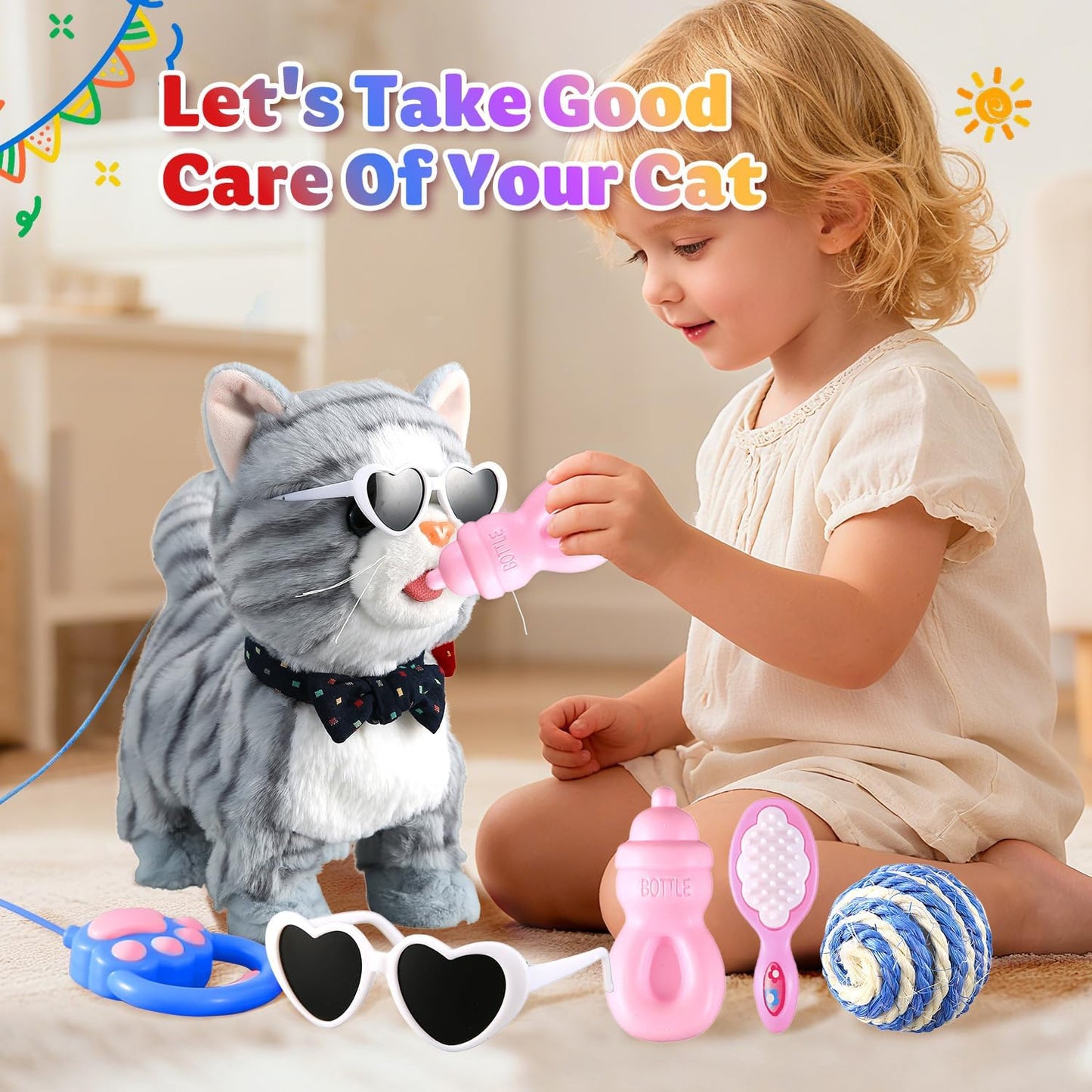 Gray Leash Walking Cat Set Interactive Talking Cat Singing Dancing Kitten Mimicking Repeat What You Say Kitty Touch and Voice Control Nodding Wagging Tail Plush Electric Kitty for Kid Gril