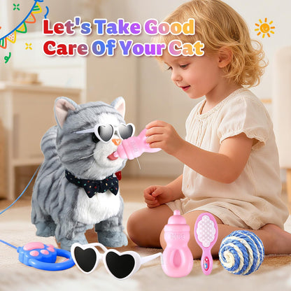 Gray Leash Walking Cat Set Interactive Talking Cat Singing Dancing Kitten Mimicking Repeat What You Say Kitty Touch and Voice Control Nodding Wagging Tail Plush Electric Kitty for Kid Gril