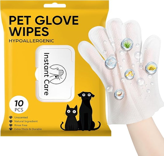 Pet Glove Wipes for Dogs Cats Disposable Dog Wipes Cleaning Deodorizing for Fur Paws and Butt Rinse Free Shampoo Mittens Cat Grooming Bath Wipes 10PCS