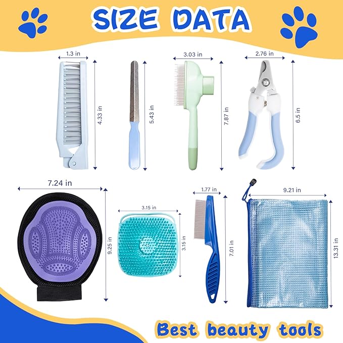 Grooming Brush Kit 8PCS，Dematting Comb for Shedding and Tangles，Cat Bath Supplies，Dogs Brushes for Grooming,Cat Brushs，Puppy Brush and Flea Comb