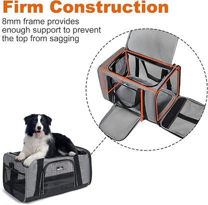Pet Carrier for Medium Large Cats and Dogs, Dog Carrier Travel Bag with Adequate Ventilation, 5 Mesh Windows, 3 Entrance, Locking Safety Zippers, Padded Shoulder and Carrying Strap, Large