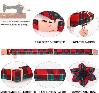 DOGWONG Christmas Dog Collar with Flower, Red Plaid Dog Collar Soft Durable Adjustable Cotton Red Green Tartan Puppy Collar for Small Medium Large Dog