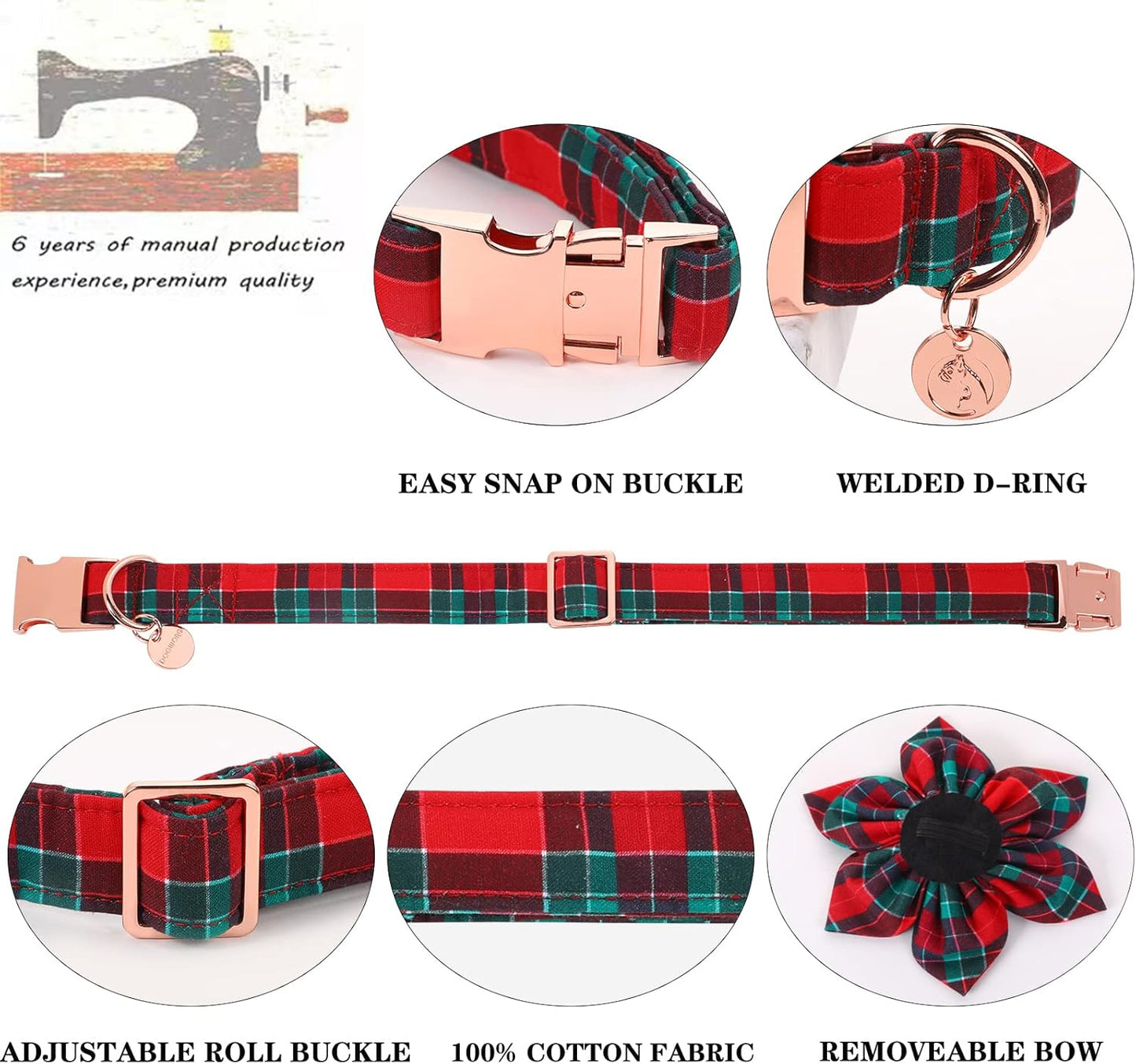 DOGWONG Christmas Dog Collar with Flower, Red Plaid Dog Collar Soft Durable Adjustable Cotton Red Green Tartan Puppy Collar for Small Medium Large Dog