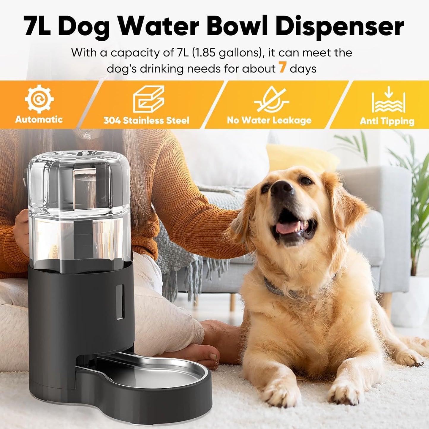7L Automatic Dog Water Dispenser Bowl, Gravity Pet Water Dispenser with Stainless Steel Bowl, No Spilling Large Capacity Water Feeder for Dogs Cats (7L Without Filter Black)
