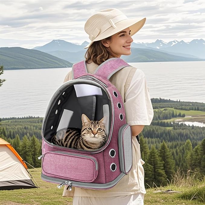Cat Carrier with Groomer, Breathable Cat Bubble Carrier for Cats or Small Dogs up to 20 lbs, Collapsible Airline Approved, Clear Cat Travel Backpack (Pink)
