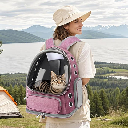 Cat Carrier with Groomer, Breathable Cat Bubble Carrier for Cats or Small Dogs up to 20 lbs, Collapsible Airline Approved, Clear Cat Travel Backpack (Pink)