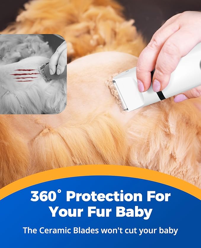 oneisall 4-in-1 Cordless Dog Grooming Kit with 2-Speed Clippers, Low Noise Paw Trimmer & Rechargeable Quiet Nail Grinder for Dogs and Cats (White)