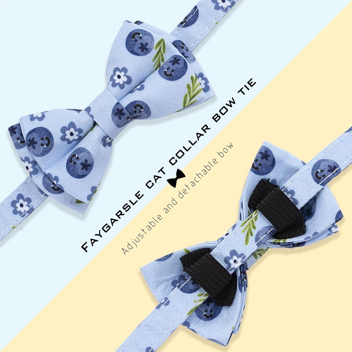 Faygarsle 2 Pack Blueberry Pattern Cat Collar Set with Bandana and Bow Tie, Light Blue, Breakaway Style with Bell