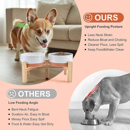 SPUNKYJUNKY Elevated Dog Bowls Ceramic, 6.1'' Dogs and Cat Food Water Bowls Raised with Non-Slip Bamboo Stand for Medium Sized Breed Microwave Dishwasher Safe - 28.7 OZ,Pattern White
