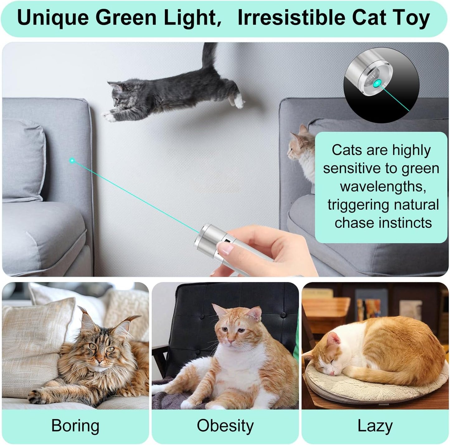 TBTeek Cat Toy, Unique Green Light, 7-in- 1 Modes, Cat Toys for Indoor Cats,USB Charging, Interactive Toy for Kitten Dog Excrise(1pcs)