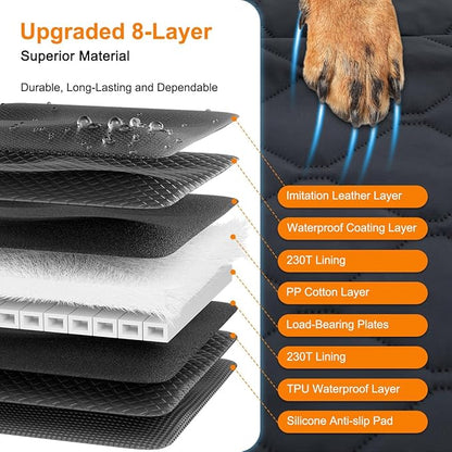 Leather Back Seat Extender for Dogs, Waterproof Dog Car Seat Covers for Back Seat with Hard Bottom, Dog Hammock for Car SUV and Truck（With Anti Scraatch Mesh Window and Retractable Belt Harness)