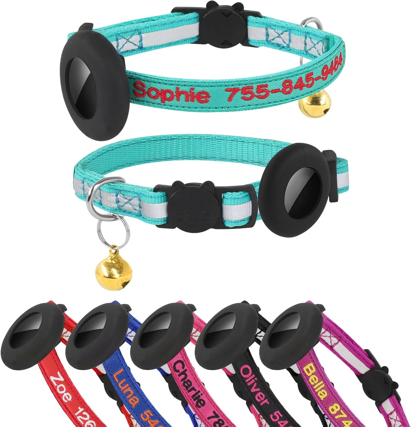 Airtag Cat Collar, Personalized Nylon Breakaway Cat Reflective Collar Embroidered with Pet Name and Phone Number with Waterproof Airtag Holder Case and Bell (with Silicone Airtag Protective Case)