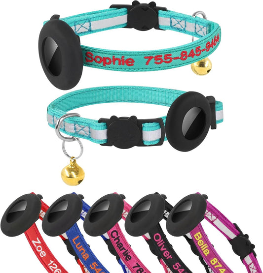 Airtag Cat Collar, Personalized Nylon Breakaway Cat Reflective Collar Embroidered with Pet Name and Phone Number with Waterproof Airtag Holder Case and Bell (with Silicone Airtag Protective Case)