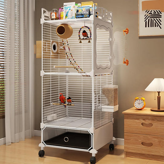 Large Parrot Cage with Acrylic Doors, 4 Casters, Perch & Feeder, Detachable Drawer, Ideal for Cockatiels, Budgies, Conures, Indoor/Outdoor Use – Spacious White Birdcage(White,36 * 36 * 106)