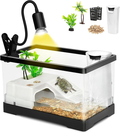 AZV Large Turtle Tank Kit,PC Starter Aquarium Indoor,Red Eared Slider Aquatic for Baby Tortoise,Fishes and Amphibians,Include Basking Platform*1,Filter*1,Filter Plates*2,Plants*2,Lamp*1,Bulb*1,Stone*1