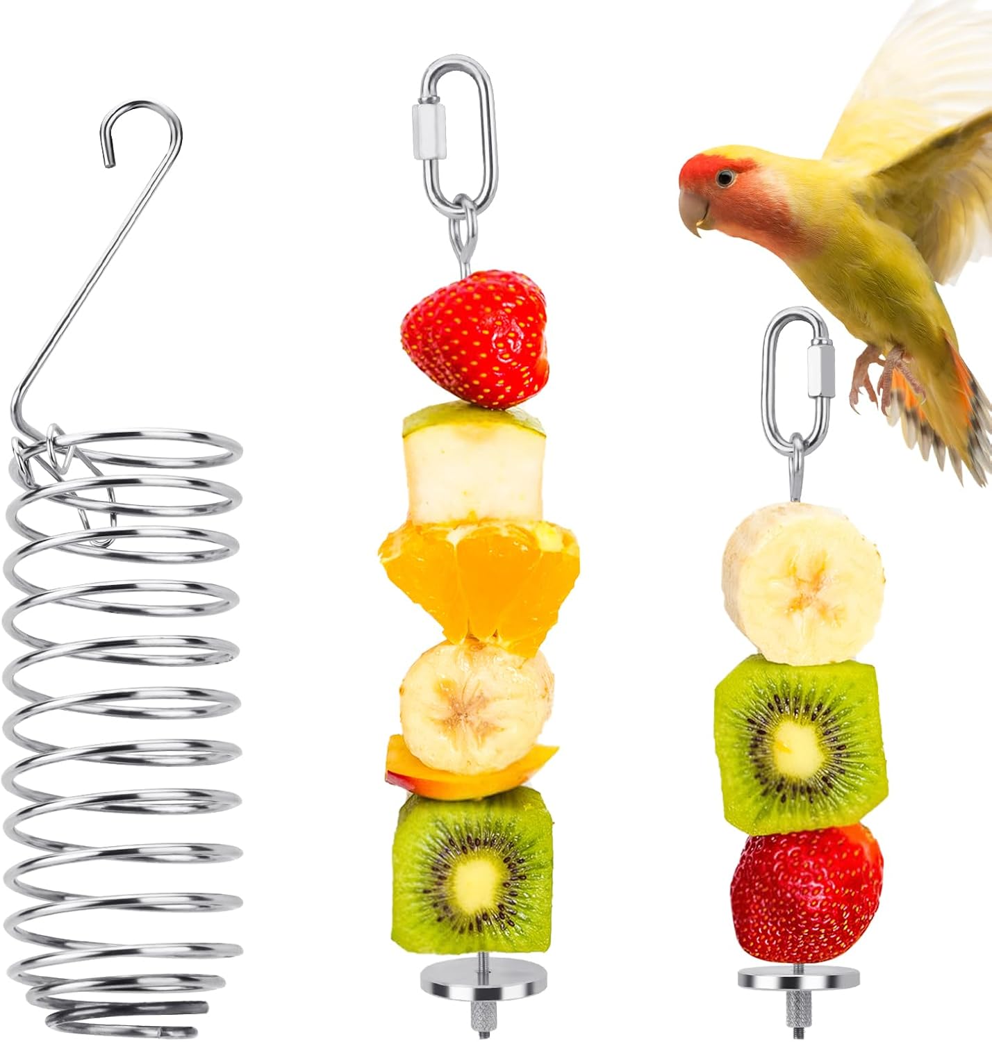 3 Pieces Stainless Steel Bird Cage Food Holder Set, Hanging Millet Holder Basket and Parrot Fruit Vegetable Skewer, Slow Treat Feeder Parrot Foraging Toys for Rat Small Pet Feeding