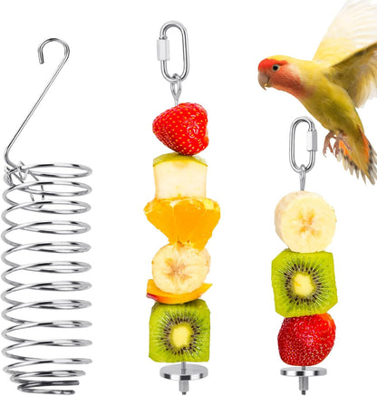 3 Pieces Stainless Steel Bird Cage Food Holder Set, Hanging Millet Holder Basket and Parrot Fruit Vegetable Skewer, Slow Treat Feeder Parrot Foraging Toys for Rat Small Pet Feeding