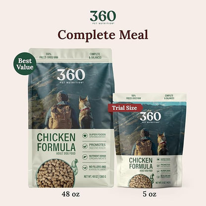 360 Pet Nutrition Freeze-Dried Raw Dog Food – Chicken Recipe with Liver & Organs, High Protein, Omega-3s, Fruits, Veggies & Superfoods, Grain-Free, No Fillers, 5 oz – Made in USA
