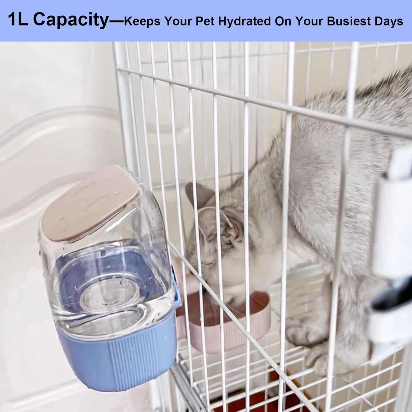 35oz Rabbit Water Bottle, Pet Hanging Automatic Water Dispenser for Small Animal Ferret Guinea Pig Chinchilla Dog Cat (Cage Grid Spacing 1.1''-2.1'') (Blue-Pink)