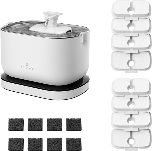 Bundle of PETLIBRO Cat Water Fountain, Cordless Pet Water Fountain Battery Operated+8 Packs Replacement Filters for Dockstream Cat Water Fountain WF005 WF115 WF105, 4 Months Set of Replacement Filters